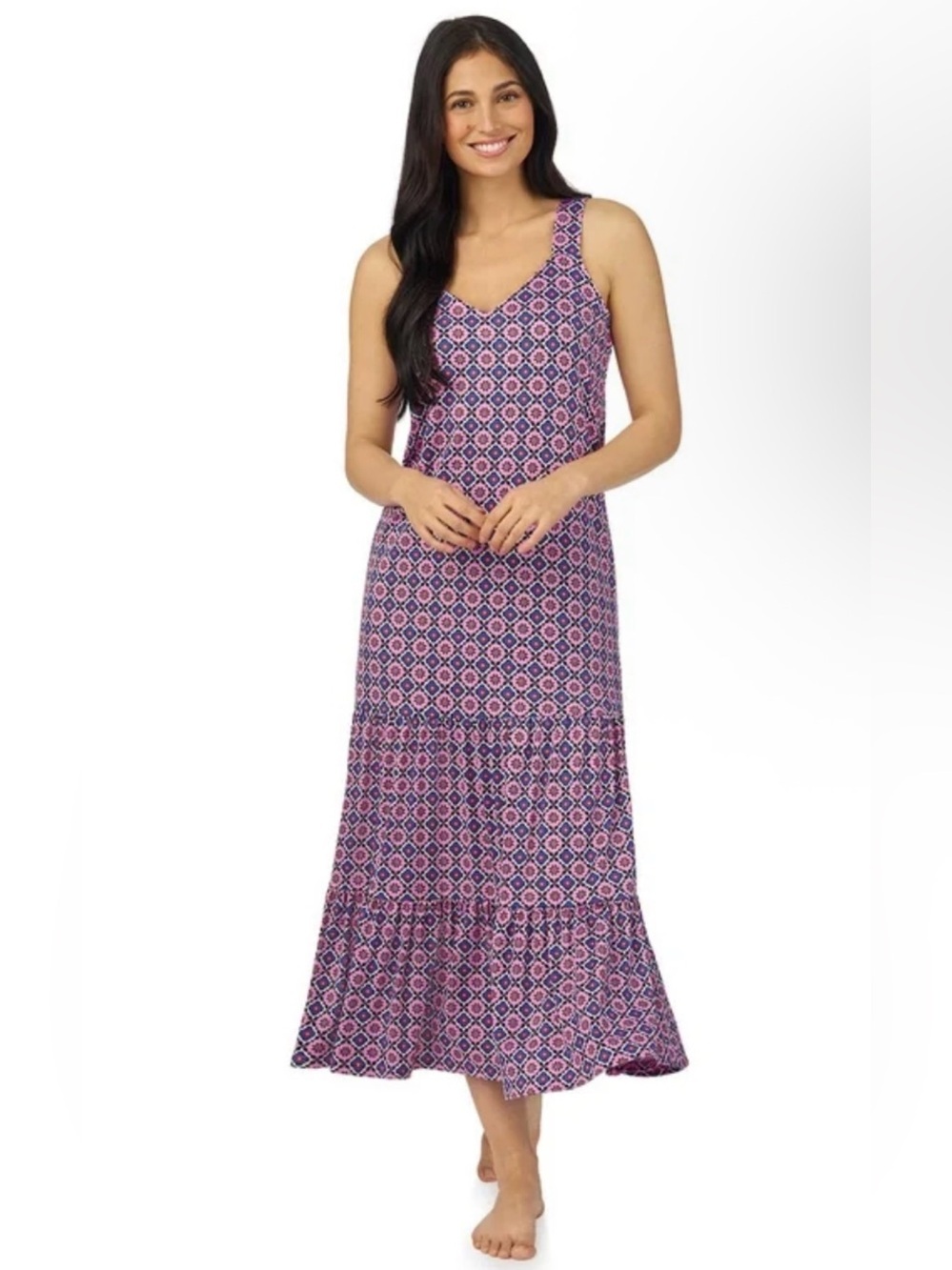Cuddl Duds Pink and Blue Geometric Tiered Midi Dress